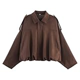 Hauetro Bomberjacke Wildlederjacke für Damen,Kurz übergangsjacke,Revers Lederjacke mit Zip Tasche,lange Ärmel lässig Übergröße Y2k Jacke,Fashion Winterjacke für Herbst Übergangszeit