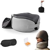 lomonmen Nackenkissen Flugzeug und Auto,Verstellbares Memory Foam Reisekissen mit Kapuze,Nackenhörnchen Erwachsene mit Ohrstöpseln,Augenmaske,Tragetasche