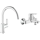 GROHE BauEdge - Einhand-Spültischbetterie & BauEdge - Badewannenarmatur (integriertes Rücklaufventil, automatische Umstellung für Badewanne und Dusche, kratzfest), chrom, 23334000