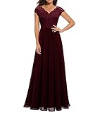 ECDAHICC Damen Elegant Spitze Rüschen Maxikleid V-Ausschnitt Kurze Ärmel Hohe Taille Brautjungfernkleid Langes Abendkleid WR2-XL