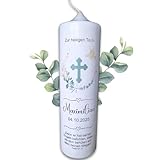 Taufkerze Eukalyptus Kreuz, 25 cm Höhe, verschiedene Kerzengrößen, mit Ihren Wunschdaten personalisiert