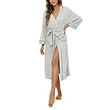 HEARTNICE Morgenmantel Damen 100% Baumwolle, Bademantel leicht Kimono Saunamantel Hausmantel lang (Grau Mel., M)