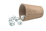 KENDi GAMES - Qualitäts Würfelbecher - echt Leder - Höhe 9 cm - Durchmesser 7 cm - Set mit 6 weißen Würfeln und Kurzanleitung - Play: TOOSMASTER
