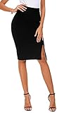 Damen Business Solide Hohe Taille Bleistiftrock Seitenschlitz Dehnbar Bodycon Midirock Knielang (M, Schwarz)