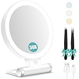 Schminkspiegel mit Beleuchtung,Doppelseitiger1X/30X Vergrößerungsspiegel mit Licht, 2000mAh 3 Farben Beleuchtungsmodi, Einstellbare Helligkeit, Faltbarer Kompakter Makeup Spiegel Reisegröße
