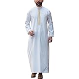 Thobe for Men Long Sleeve Big and Tall Guayabera Summer Kaftan Collared Loose Fit Crew Neck Oversized Fashion Summer Robe, weiß, L