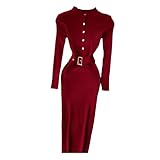 Damen Herbst Winter Stehkragen Strickkleider Langarm Solide Casual Etuikleider Wickelkleider, wein, Einheitsgröße