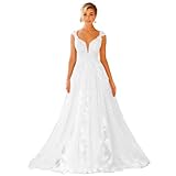 ZOOYYUE Brautkleid A Linie,Damen Prinzessin Brautkleid Lang Sexy V-Ausschnitt Tüll Standesamtkleider Spitze Hochzeitskleid Brautkleider Weiß 34