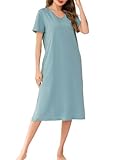 Wikoan Damen Nachthemd Sommer Baumwolle Nachthemd Lang Schlafshirt Sleepshirt Kurzarm Nachtwäsche Nachtkleid mit Taschen Hellgrün XXL