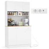 COSTWAY Küchenschrank Holz, Buffetschrank mit Steckdosen & USB-Anschlüsse & Type C, Hochschrank Küche mit verstellbaren Regalen, Aufbewahrungsschrank für Küche Wohnzimmer, 100 x 40 x 181cm (Weiß)