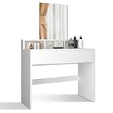 MIADOMODO® Schminktisch - mit Spiegel, 2 Schubladen, 3 offene Fächer, Ablagefläche, Edel, Stabil, Platzsparend, Weiß - Vanity Table, Kosmetiktisch, Make Up Tisch, Frisiertisch, Frisierkommode