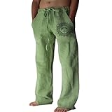 Puimentiua Leinenhose Herren,Lang Leichte Sommerhose,Loose Fit Freizeithose,Baumwollehosen mit Tunnelzug und Taschen (Grün,XL)
