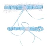 UKCOCO Braut Strumpfband mit Floralem Spitzenmuster Schleife Stretchanteil Hautfreundlich 35 60cm Oberschenkelumfang Himmelblau Beinschmuck für Hochzeit und Trauung