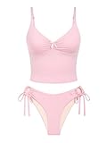 seamoly Tankini-Set mit Streifen und seitlicher Bindung, Helles Pink, Large