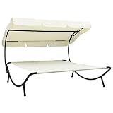 vidaXL Garten Sonnenliege mit Sonnendach Witterungsbeständig Doppelliege Gartenliege Relaxliege Liege Gartenmöbel Strandliege Cremeweiß