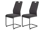 Hela Tische, 2er Set Esszimmerstuhl, Schwingstuhl CHRISTINA, Microfaser Vintage-Optik Anthrazit, Metallgestell Grau, Lehne mit Griff