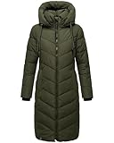 Navahoo Damen Wintermantel Warmer Steppmantel lang mit Abnehmbarer Kapuze Sahnekatzii XIV Dark Olive Gr. L