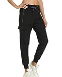 Damen-Jogginghose mit 4 Taschen, Wanderhose, wasserdicht, leicht, schnell trocknend, athletische Hose für Laufen, Camping, Reisen, Schwarz, S