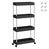 SONGMICS Rollwagen, Küchenwagen, Küchenregal, Nischenregal, mit 6 Haken, 360° drehbare Räder, Stahlgestell, Bad, Küche, Büro, 4 Ebenen, schwarz KSC008B01