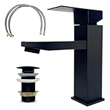 MSC Schwarze Waschtischarmatur mit Zugstangen-Ablaufgarnitur, Waschbeckenarmatur mit Edelstahl-Montagefüßen & abgewinkelter Düse, Einhebel-Heiß- und Kaltwasserhahn mit Keramikventilkern, inklusive