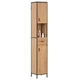 EUGAD Badezimmerschrank, Badschrank schmal, Hochschrank Badezimmer, Bad Schrank stehend, mit Schublade, offenem Fach, verstellbaren Ablagen, 30x180x30 cm, schwarz helle Eiche, 0245WY