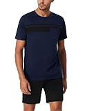 Bresdk Herren Pyjama Kurz Baumwolle Schlafanzug Kurzarm Rundhalsausschnitt Pyjama-Top und Shorty Schlafanzughose Blau XL