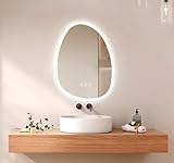 EMKE Spiegel mit Beleuchtung Asymmetrischer LED Badspiegel 65 x 45 cm Touch-Schalter, 3 Lichtfarben Dimmbar, Beschlagfrei Badezimmerspiegel mit Beleuchtung IP44 Energiesparend