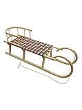 BAMBINIWELT Hörnerschlitten Hörnerrodel Holzschlitten mit Rückenlehne und Zugseil Sitzfläche aus Kunstfasern 120cm REGENBOGENDESIGN + GRATIS