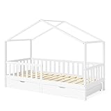 Bellabino Bia Kinderbett 90x200 cm – Hausbett mit Matratze, Rausfallschutz, Lattenrost & 2 Schubladen – Montessori Kinder Bett aus Massivholz Kiefer – Bett für Jungen und Mädchen mit Stauraum in Weiß