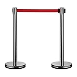 Wiltec mobile Absperrpfosten 32 x 7 x 90 cm in Silberfarben, rotes 200 cm Zugband, Absperrständer aus rostfreiem Stahl, Personenleitsystem für Veranstaltungen