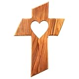 Kassis Geschenkartikel Kreuz mit Herz aus Olivenholz – handgefertigtes Wandkreuz aus Bethlehem – spirituelles Geschenk zur Taufe, Kommunion, Firmung, Konfirmation, Hochzeit oder Einweihung