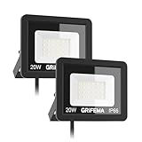 GRIFEMA 20W LED Strahler Außen, [2 Stück] 2200LM, 6500K Kaltweiß, IP66 Wasserdicht, Verstellbarer 180° Halter, für Garten, Garage, Hof, Außenbeleuchtung, Schwarz