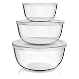 Arendo - Salatschüssel aus Glas mit Deckel - Glasschüssel 3er Set - 1100ml + 2700ml + 4400ml – Rührschüsseln klein bis groß – Borosilikatglas - Glasschale Salatglasschale