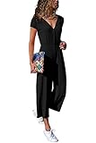 Cassiecy Jumpsuit Damen Elegant Kurzarm Playsuit V-Ausschnitt Casual Lose Overalls Lang Romper (M, Z-Schwarz)