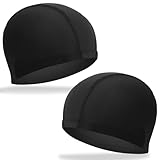 COYUN 2pcs Elastische Badekappen für Erwachsene, Komfortable Stoff Bademütze Weiche Unisex Badekappe Ohrenschutz Schwimmhaube Schwimmkappe Leichte Badehaube für Herren Damen Lange Kurzes Haar, Schwarz