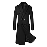 Allthemen Herren Zweireihiger Warmer Mantel Langer Trenchcoat Winterjacke Wolle Slim Fit Business Schwarz XL