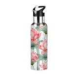 Lotusblumen Im Europäischen Stil, Rosa Trinkflasche Wasserflasche mit Strohhalm, Thermosflasche Vakuumisolierte aus Edelstahl 18/8, BPA-frei für Kinder Sport Wandern Schule (600ml/1L)