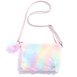 Cleminsta Mädchen Regenbogen Plüsch Taschen Plüsch Handtaschen Verstellbarer Umhängetaschen Plüschtasche Regenbogen Haarspangen Geldbörse für kleine Mädchen Frauen Rollenspiel (Stil 1)