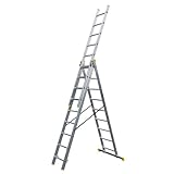 Bayersystem BS-DW 3x9 Mehrzweckleiter, 3x9 Sprossen, 3-teilige Alu-Kombileiter, bis 150 kg belastbar, max. Arbeitshöhe 6,01 m, Klappleiter, Multifunktionsleiter, Stehleiter, Silber/Gelb