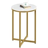 Yaheetech Beistelltisch aus Kunstmarmor, 40,6 cm Beistelltisch und moderner Sofatisch mit X-Basis, runde Tischplatte, stabile Metallbeine für Wohnzimmer, senfgold