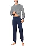 Aseniza Schlafanzug Herren Lang Baumwolle Bündchen Winter Pyjamas Streifen mit Langarmshirt und Schlafanzughose für Männer dunkelblau,XL