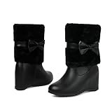 MEECHI Damen Kurz Stiefel Mit Keilabsatz Elegant Stiefeletten Mit Schleifen Winter Warm Plüsch Gefüttert Ankle Boots PU-Leder High Heels Für Braut 43 Große Größe Knöchel Schuhe(Black,35 EU)