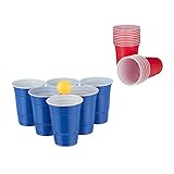 Relaxdays 10032656 Bierpong Becher Set, Bier Pong Set mit 6 Bällen, 50 Beer Pong Becher, Trinkspiel, Partybecher 16 oz, rot/blau, Trinkspiel 'Beer Pong Spiel - Mehrwegbecher+Bälle'