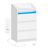 Hzuaneri Nachttisch mit 3 Schubladen, Beistelltisch mit Ladestation und LED, 2 AC-Steckdosenund 2 USB-Anschlüsse für Schlafzimmer, Wohnzimmer, Weiß NS40003X