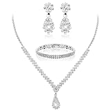 Yolev ﻿2 Stück Brautschmuck Set Silber Strass Hochzeit Schmuck Set für Damen Set Hochzeit Braut Strass Halskette Dangle Ohrringe Glänzendes Armband Party Braut Brautjungfer Schmuck