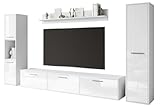 MINIO - Wohnwand Wohnzimmer 4-teilig Toga, Wohnzimmer Möbel Set, 1x TV Lowboard, 2X Hochschrank, 1x Wandboard, Wohnzimmermöbel Komplett, Wohnzimmer Set - Farbe Weiss Matt/Weiss Hochglanz