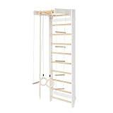 MONKEY GYM Sprossenwand Kinder mit Ringe & Seil Turnleiter Turnstange Klettergerüst weiß und Holz