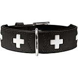 HUNTER Hundehalsband SWISS, Farbe: schwarz, weiches Rindnappaleder, handvernähte Schweizer Kreuze, langlebig und komfortabel, hochwertige Handarbeit, Made in Germany, Größe: M (55)