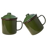 jojofuny 2 Stück Vintage Emaillebecher mit Henkel 9cm Retro Emaille Teetasse In Militärgrün mit Deckel Hitzebeständiger Wasser und Kaffeebecher für Zuhause und Büro