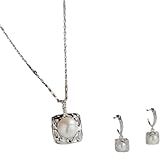 LJHJYDW 925 Sterling Silber Anhänger Halskette und Ohrringe Set, eleganter Quadratanhänger mit eingelegten Perlen Brauthochzeit Brautjungfern Damen Juwelengeschenkgeschenk -Geschenkset
